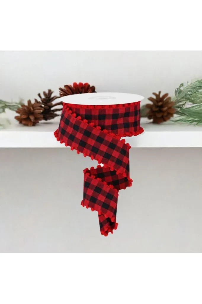 1.5" Check with Poms Ribbon: Red (10 Yards)