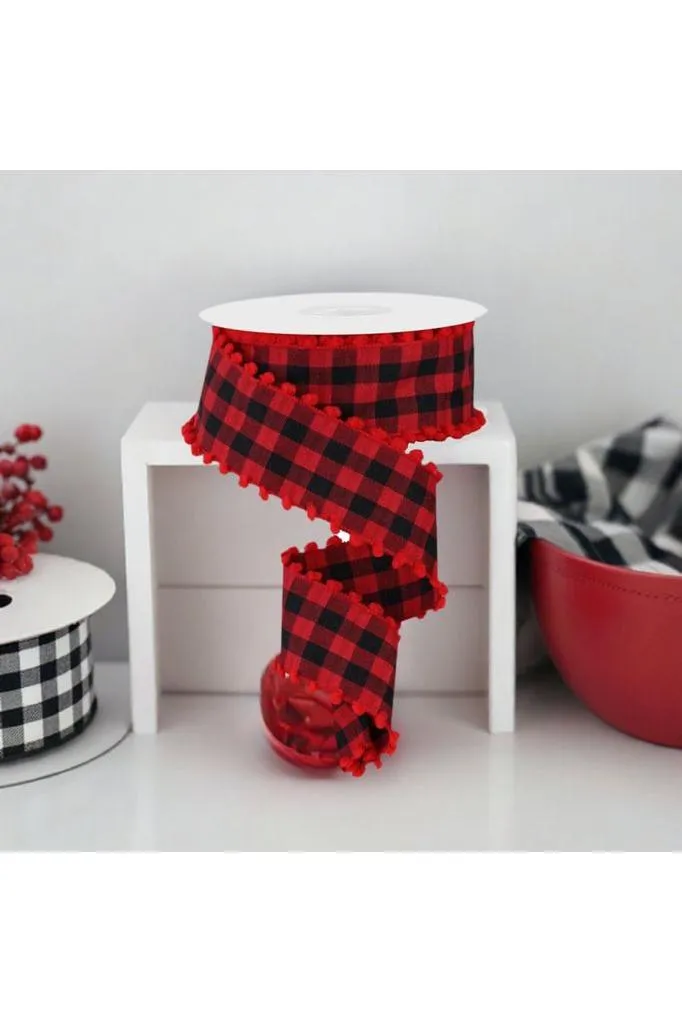 1.5" Check with Poms Ribbon: Red (10 Yards)