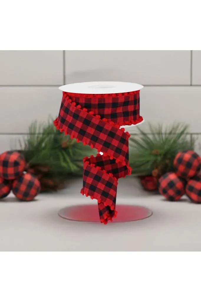 1.5" Check with Poms Ribbon: Red (10 Yards)