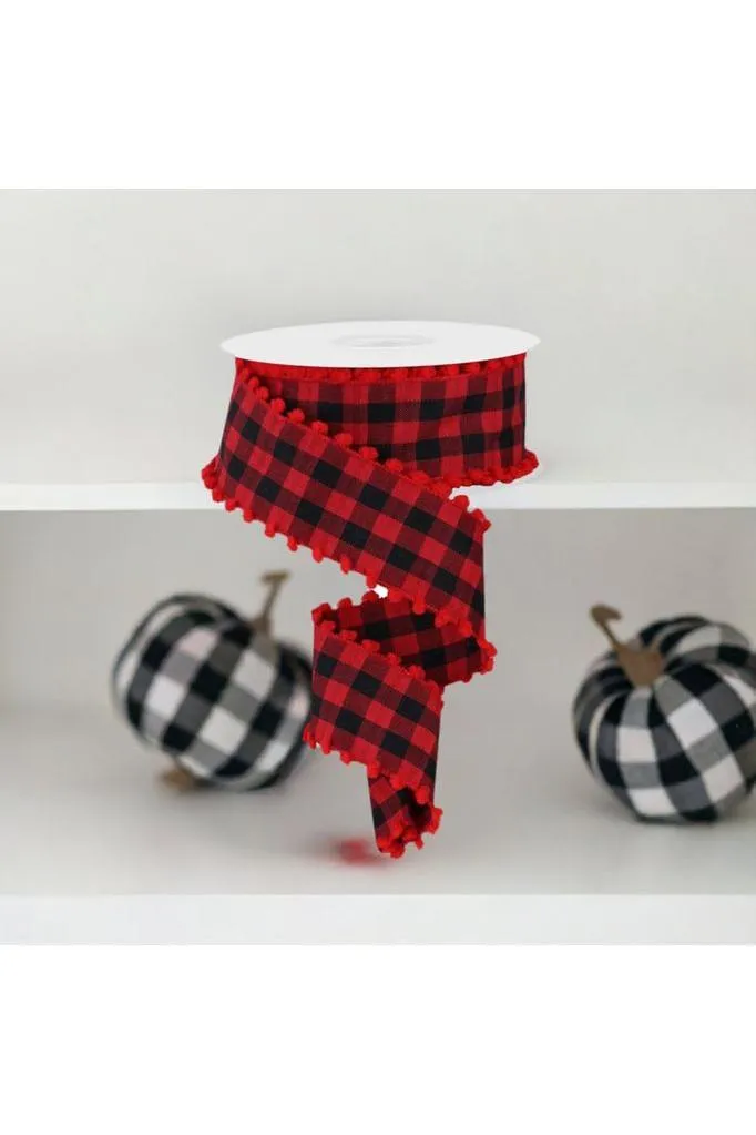 1.5" Check with Poms Ribbon: Red (10 Yards)
