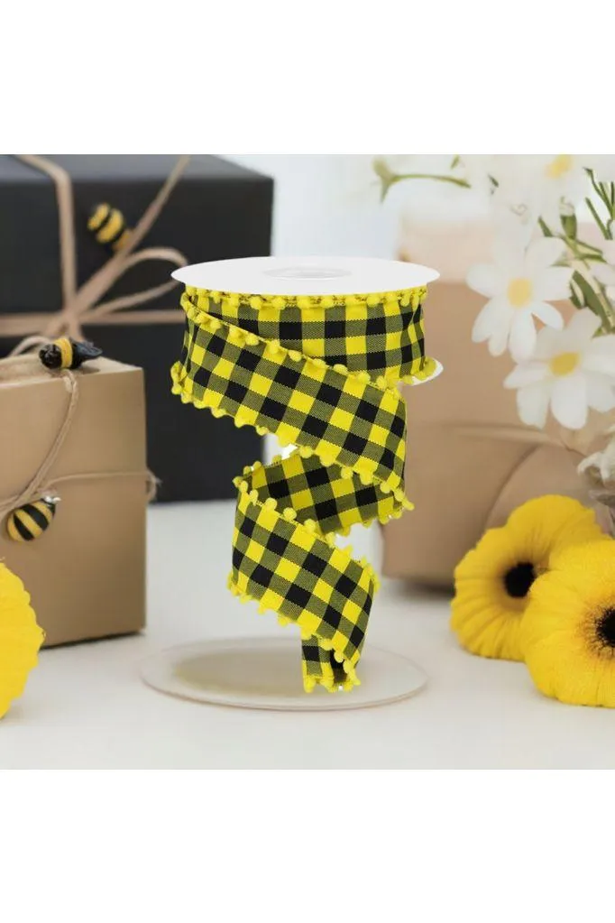 1.5" Check with Poms Ribbon: Yellow (10 Yards)