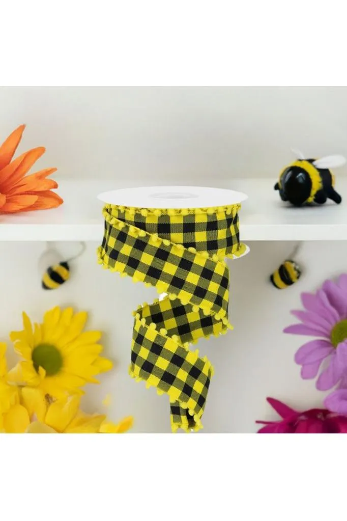 1.5" Check with Poms Ribbon: Yellow (10 Yards)