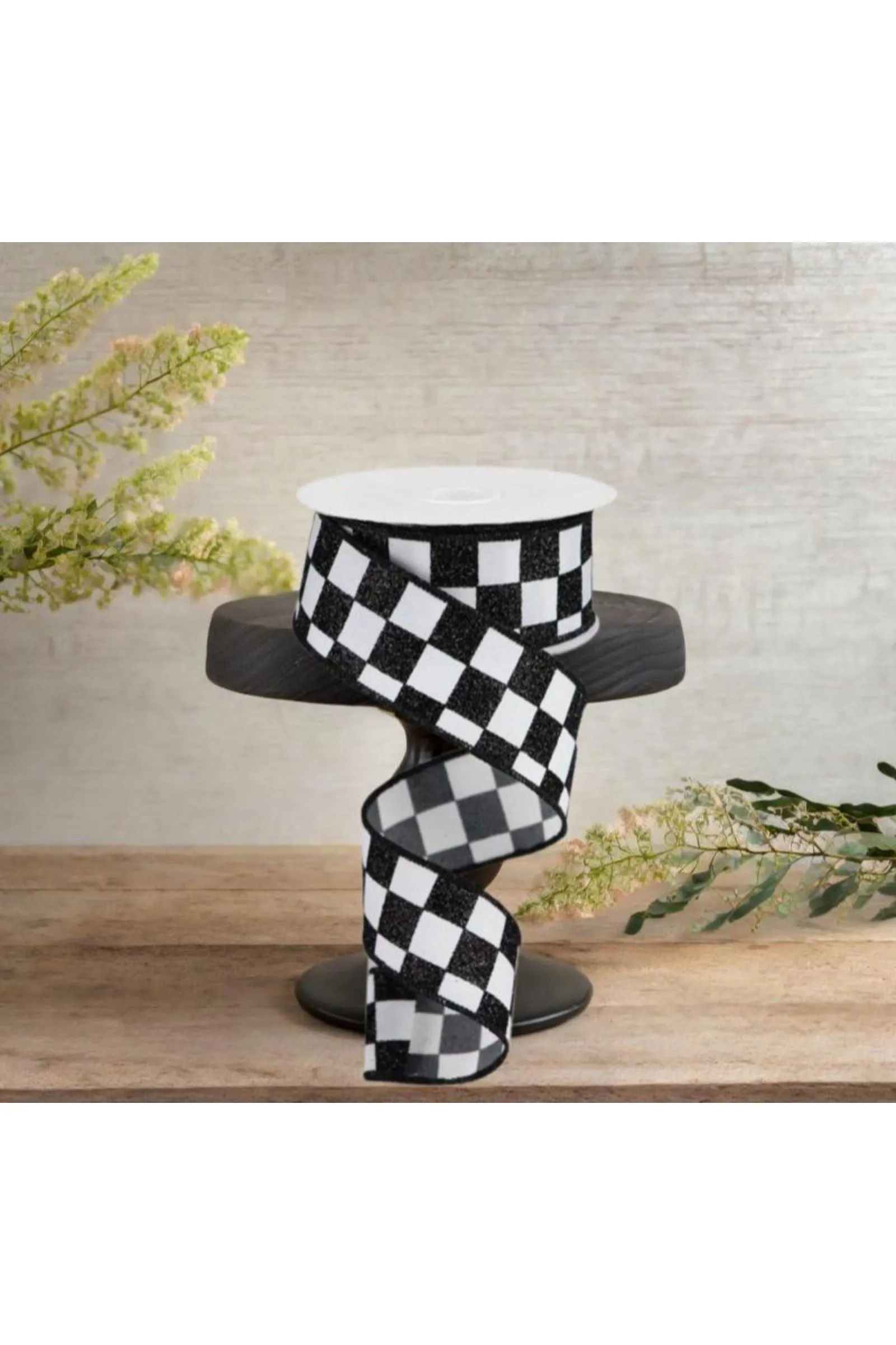 1.5" Glitter Check Ribbon: Black (10 Yards)