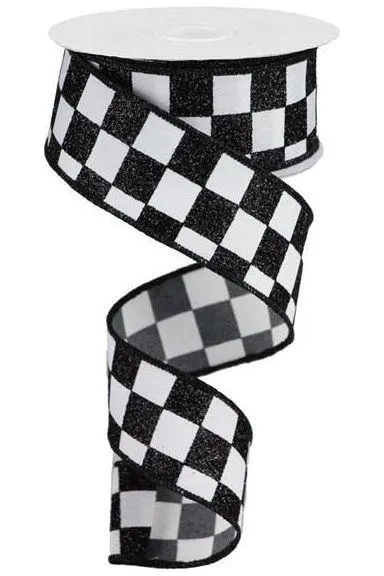 1.5" Glitter Check Ribbon: Black (10 Yards)