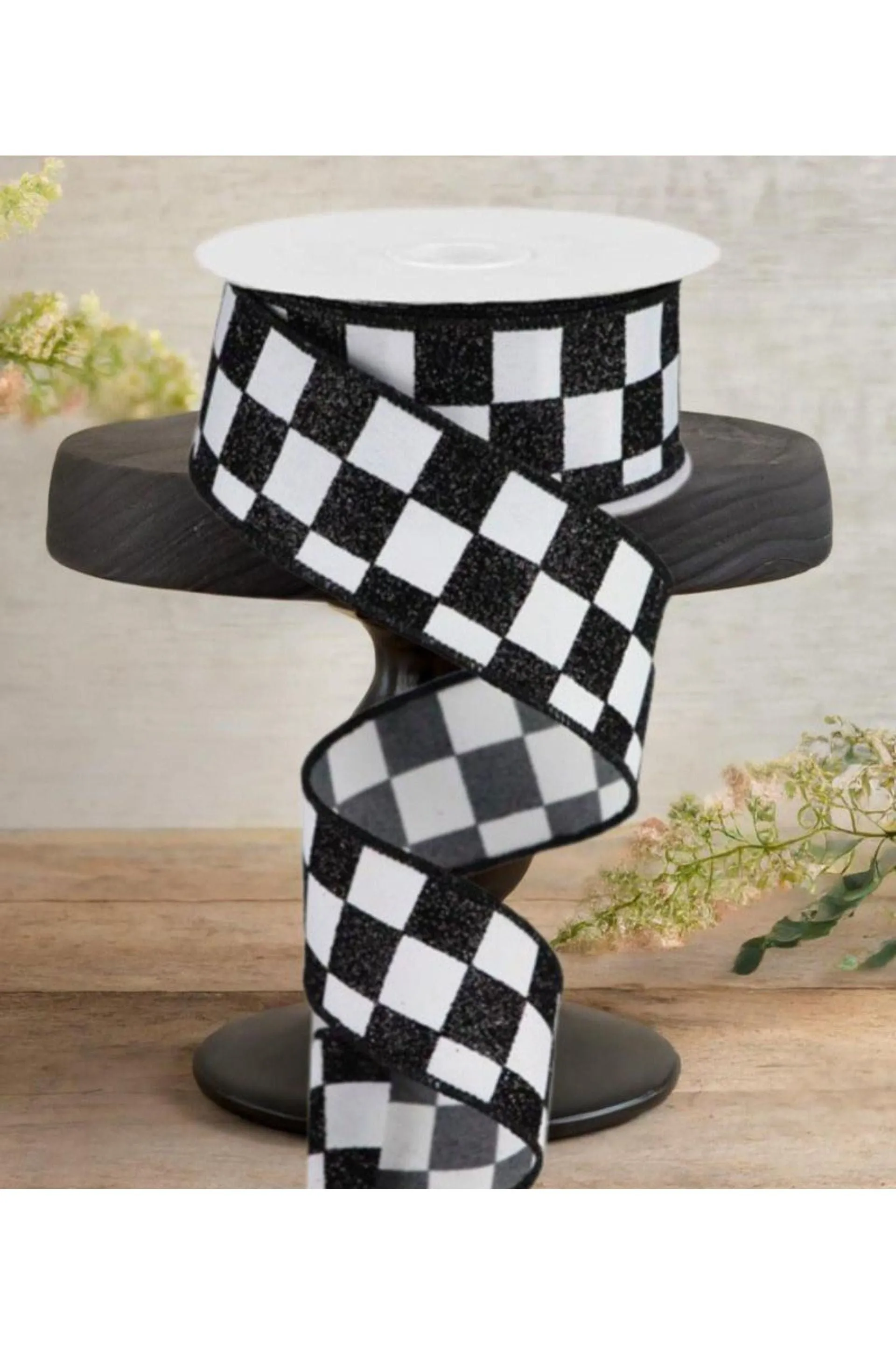 1.5" Glitter Check Ribbon: Black (10 Yards)