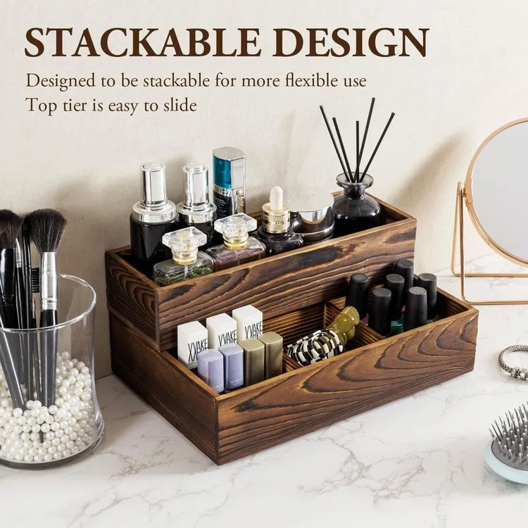 2 Tier Brown Wood Stackable Modular Vanity Storage Organizer Trays, Countertop Makeup Cosmetic Box, 2 Piece Set