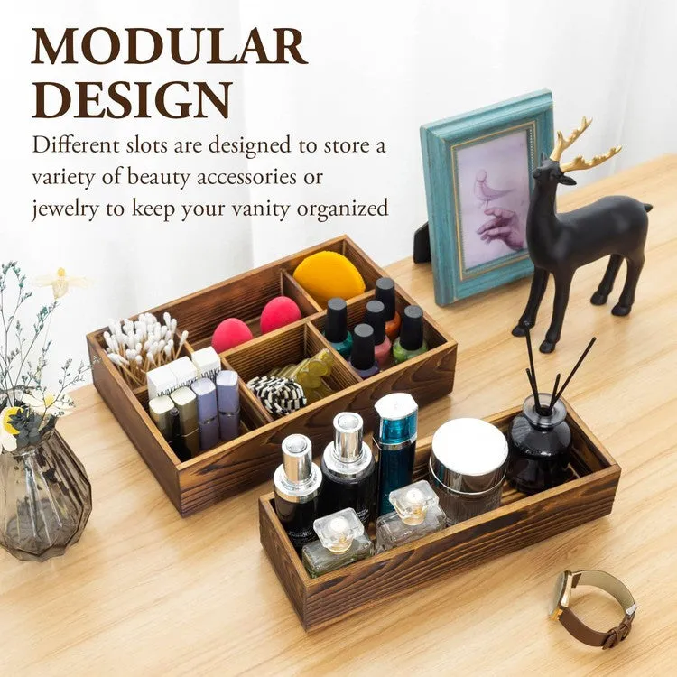 2 Tier Brown Wood Stackable Modular Vanity Storage Organizer Trays, Countertop Makeup Cosmetic Box, 2 Piece Set
