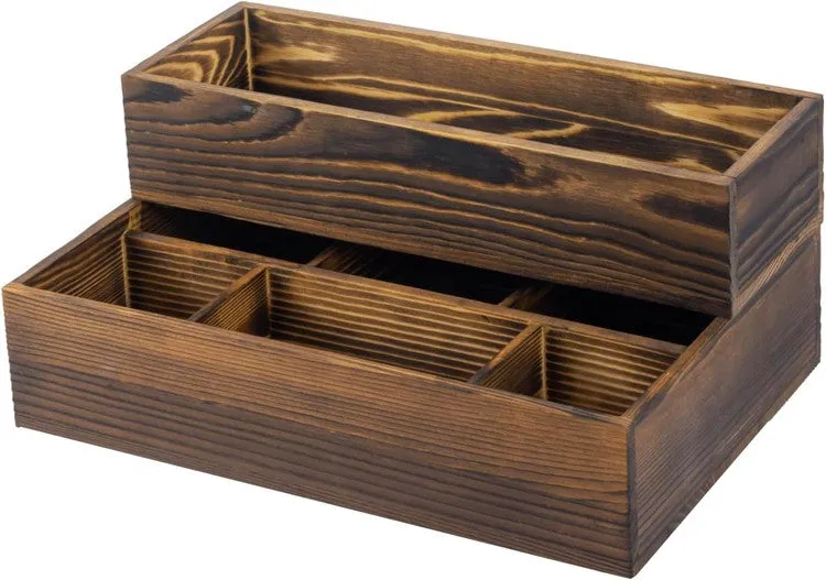 2 Tier Brown Wood Stackable Modular Vanity Storage Organizer Trays, Countertop Makeup Cosmetic Box, 2 Piece Set