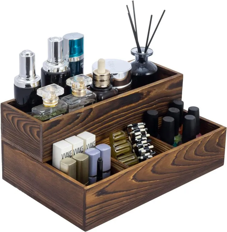2 Tier Brown Wood Stackable Modular Vanity Storage Organizer Trays, Countertop Makeup Cosmetic Box, 2 Piece Set
