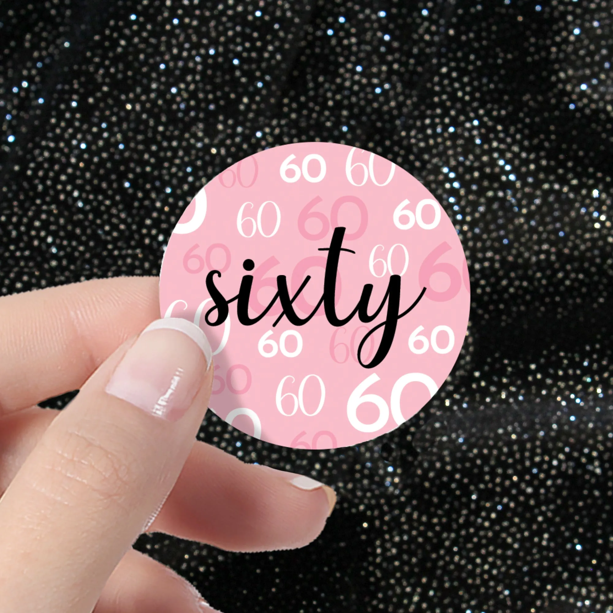 60th Birthday: Pink and Black - Adult Birthday - Round Favor Stickers - 40 Stickers