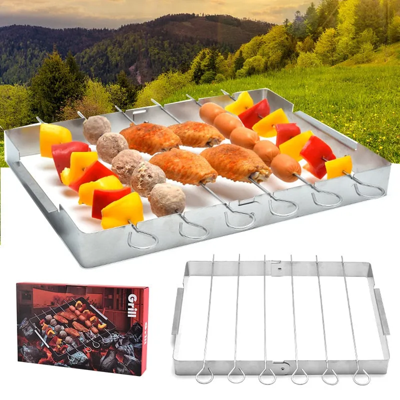 6pcs Barbecue Fork Outdoor Flat Durable Tool Reusable Grilling Sticks Rack