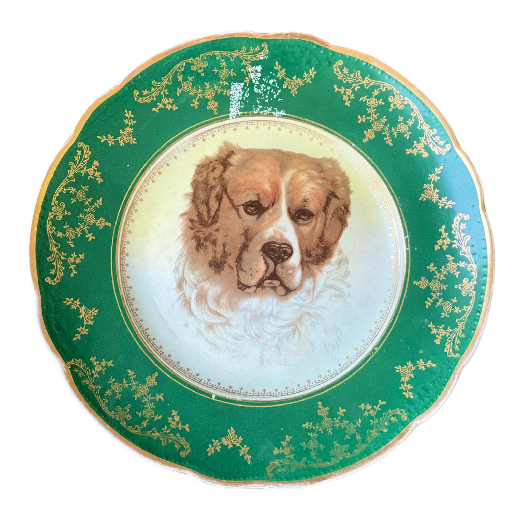 Antique Plate, Green and Gold Detail, St. Bernard