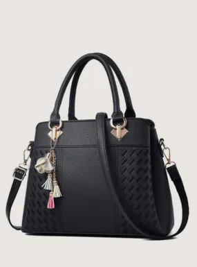 Black Stitch Detail Charm Tote Handbag