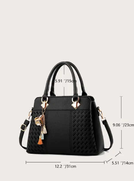 Black Stitch Detail Charm Tote Handbag