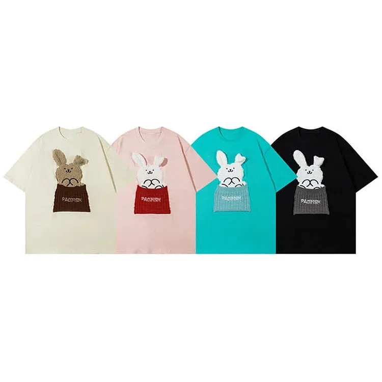 Cartoon Bunny Letter Embroidery Round Neck T-Shirt