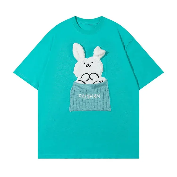 Cartoon Bunny Letter Embroidery Round Neck T-Shirt