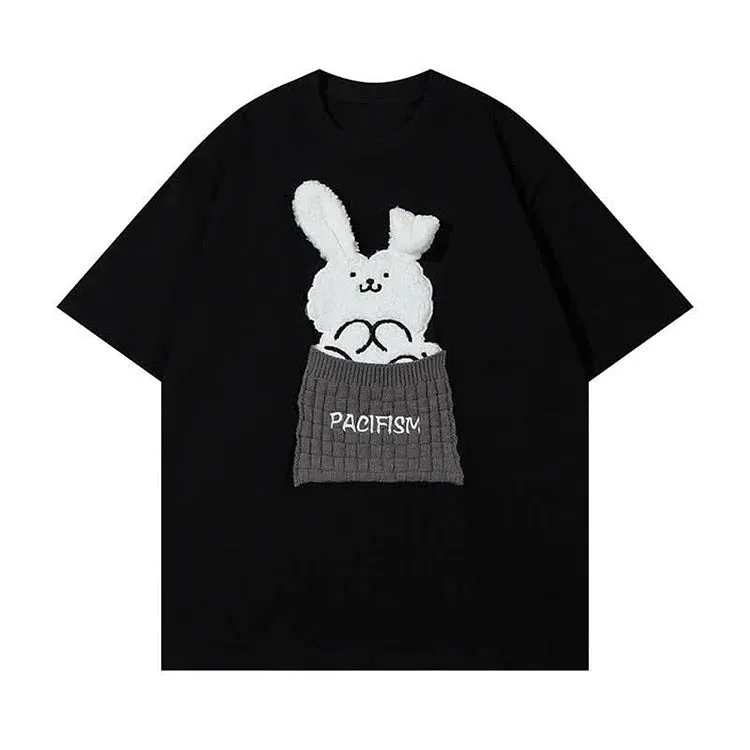 Cartoon Bunny Letter Embroidery Round Neck T-Shirt