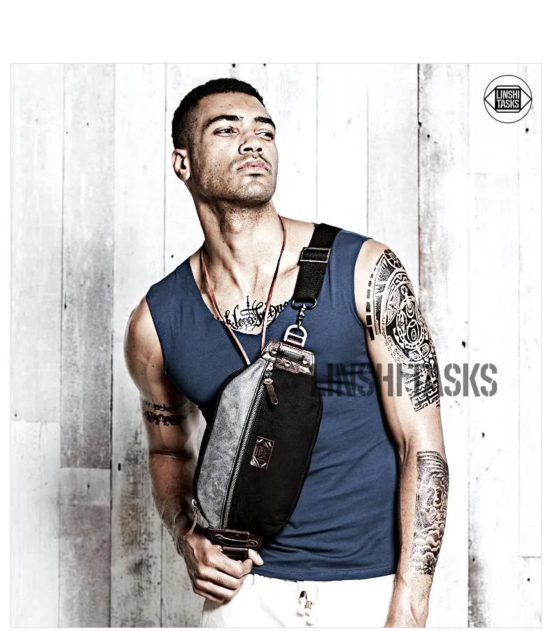 Casual Black Canvas Leather Fanny Pack Men's Chest Bag Hip Bag Waist Bags For Men