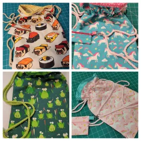 Customizable Kid-Sized Lined Canvas Drawstring Backpack and Optional Clip-On Pouch (Two Sizes)