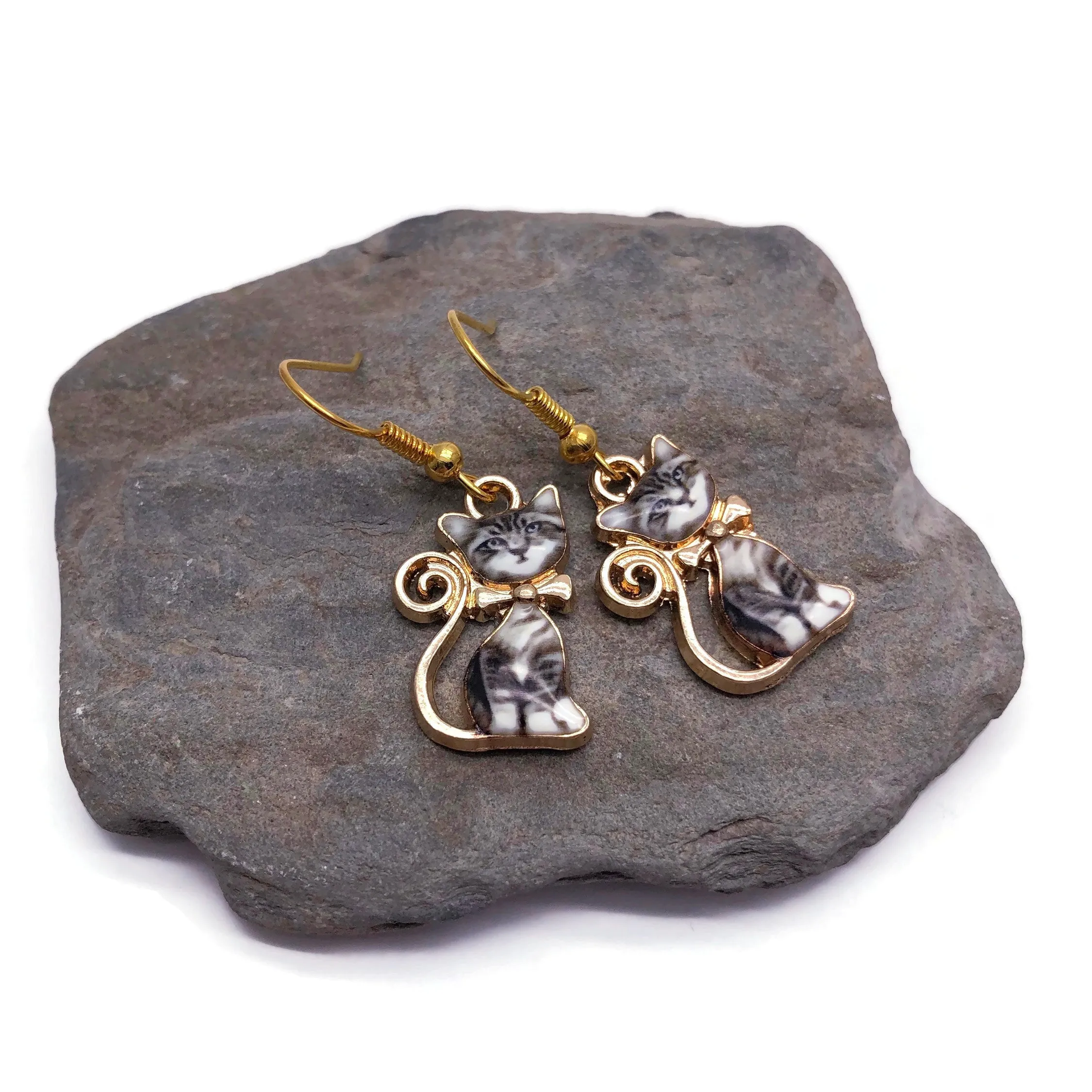 Cute Kitty Cat Enamel Charm Gold Plated Earrings