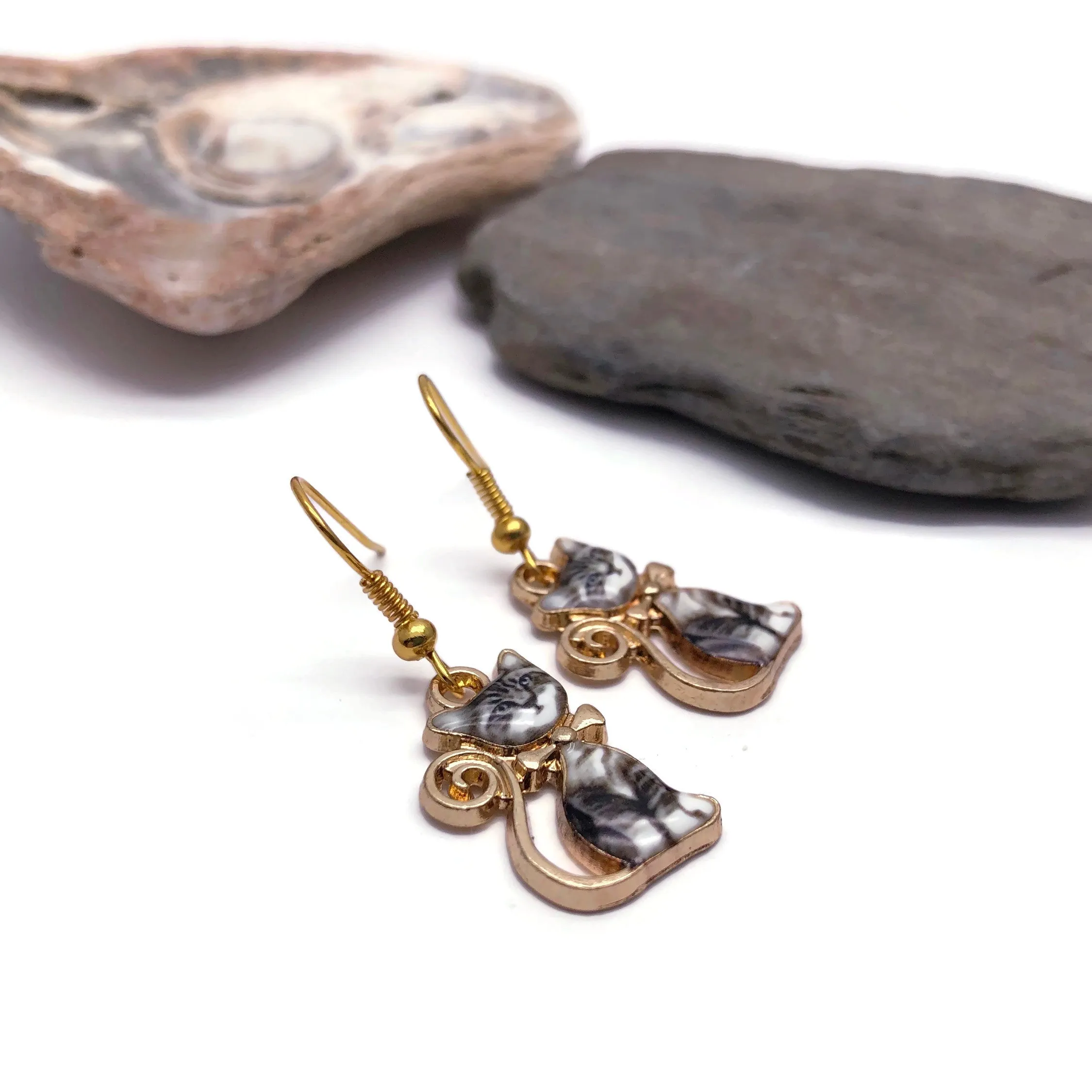 Cute Kitty Cat Enamel Charm Gold Plated Earrings