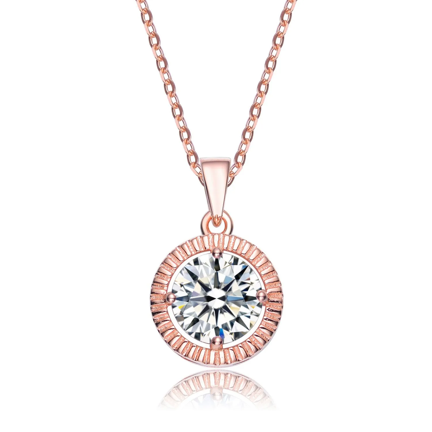 Cz .925 Sterling Silver Rose Plated Classic Round Pendant