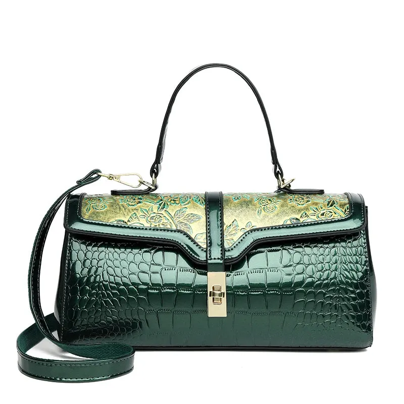 Exotic Emerald Green Floral Patent Tote Bag