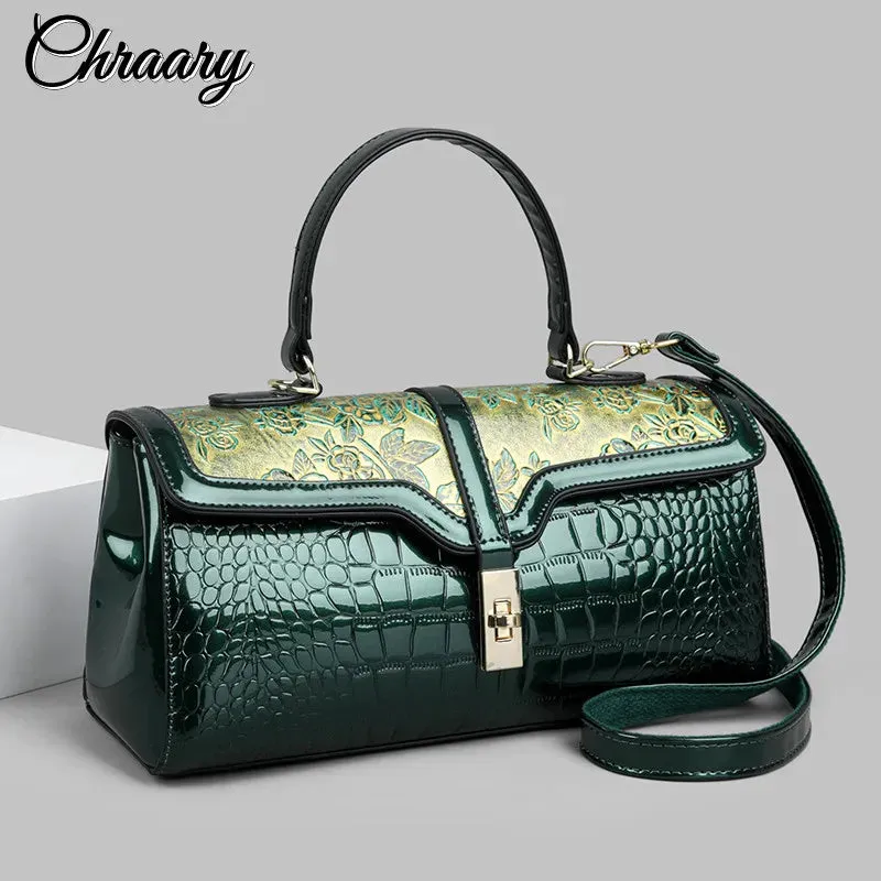 Exotic Emerald Green Floral Patent Tote Bag
