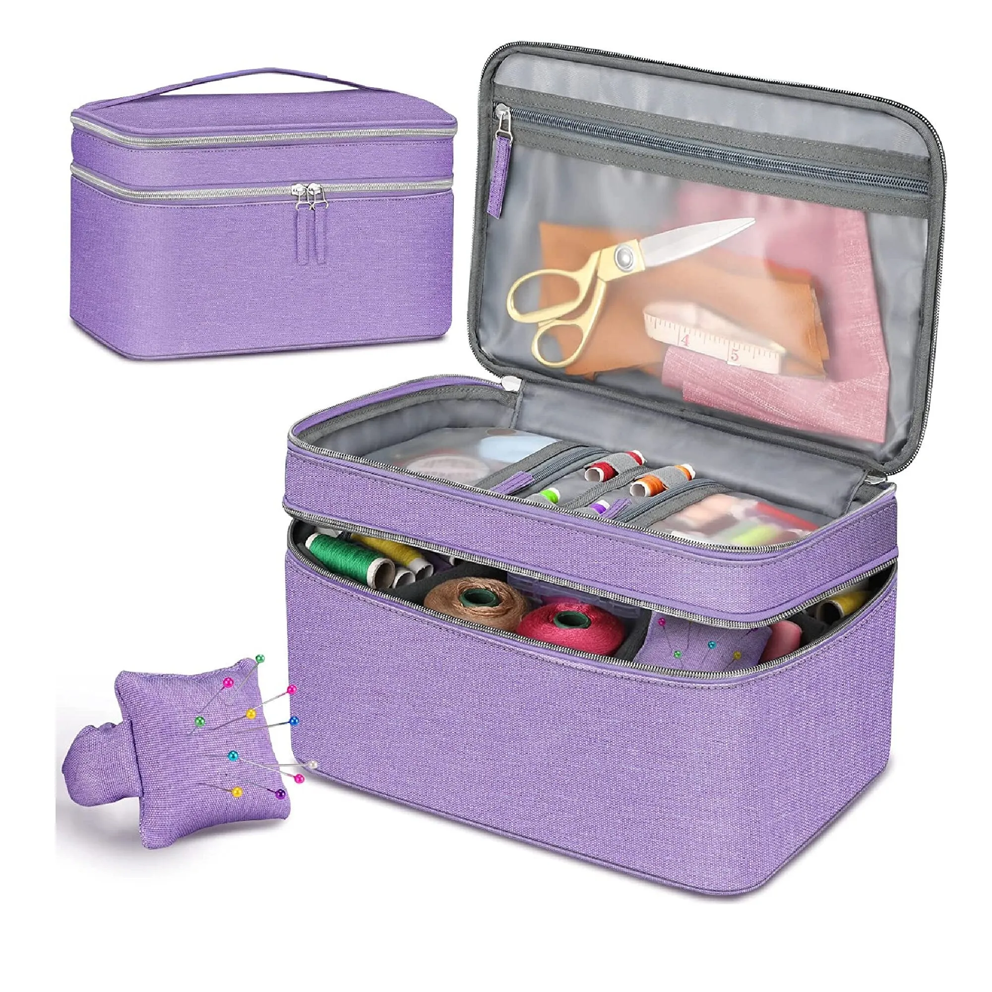 FINPAC Sewing Accessories Storage Case And Organizer | Double Layer Sewing Kits Carrying Bag With Wrist Support Cushion For Threads