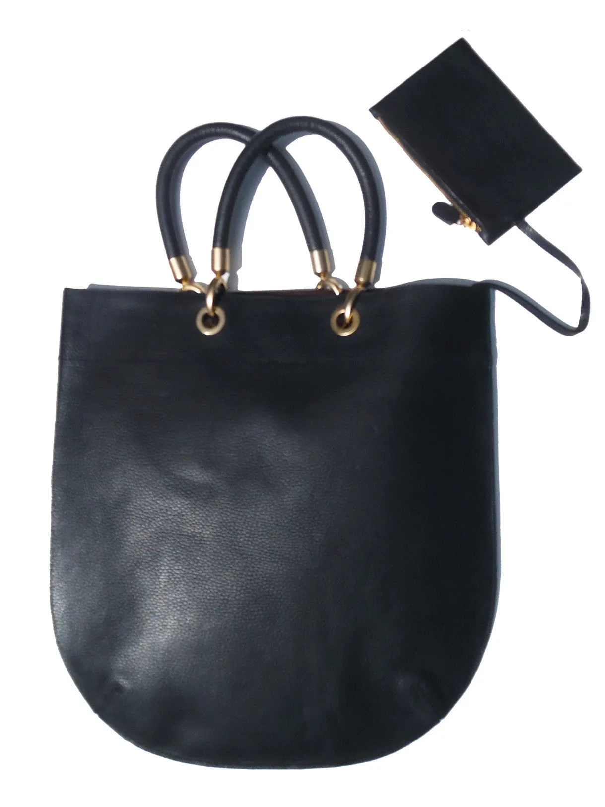 Flat Oblong Pebble Grain Leather Tote Bag Orange