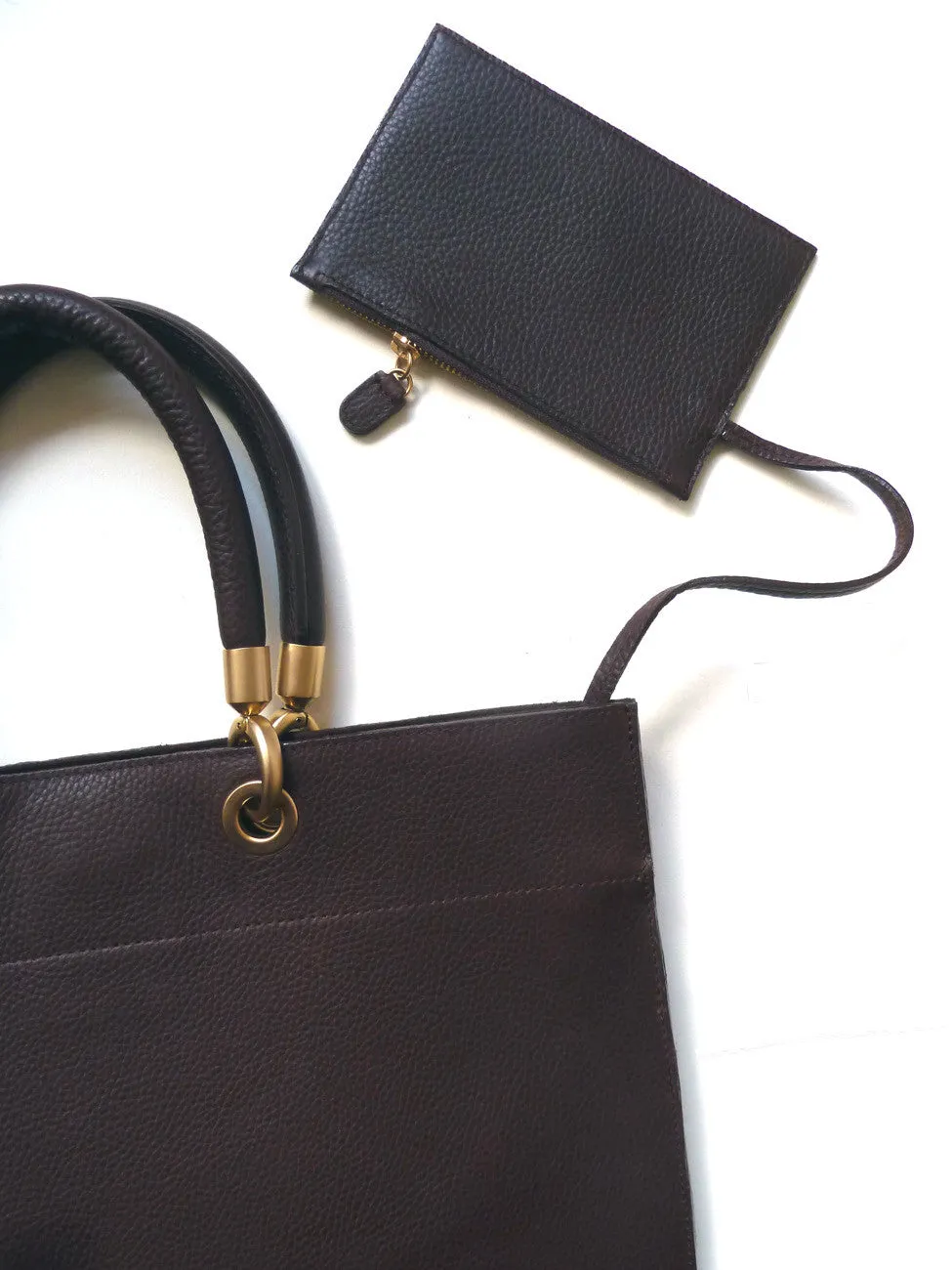 Flat Oblong Pebble Grain Leather Tote Bag Orange