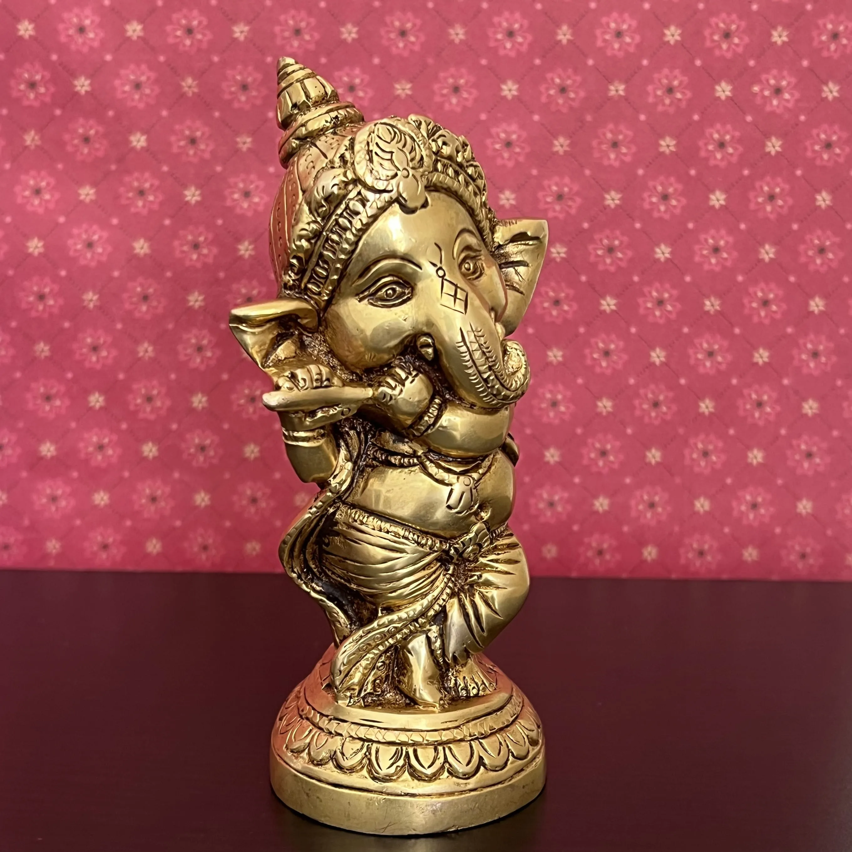 Flute And Dancing Baby Ganesh Brass Idol (Set of 2)