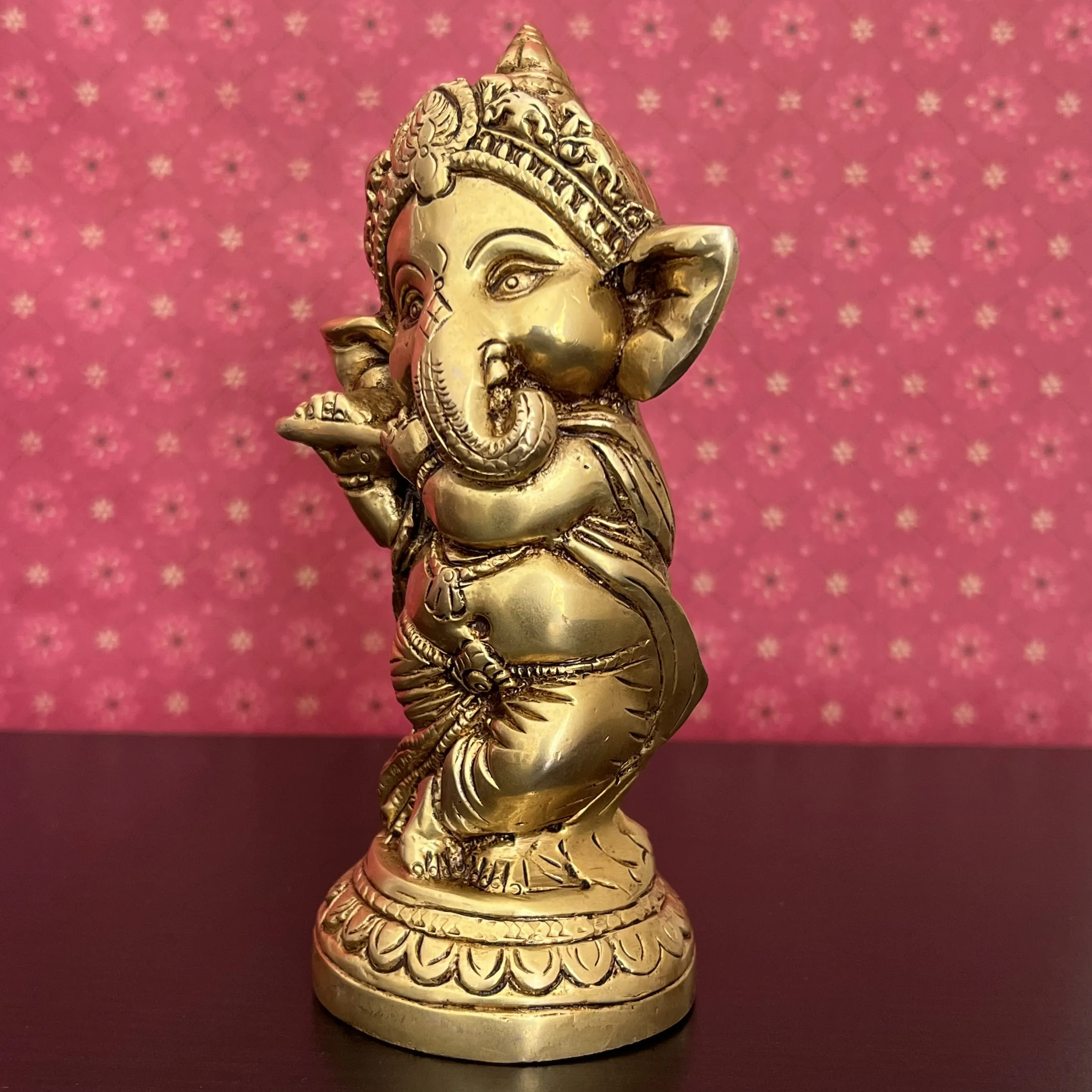 Flute And Dancing Baby Ganesh Brass Idol (Set of 2)
