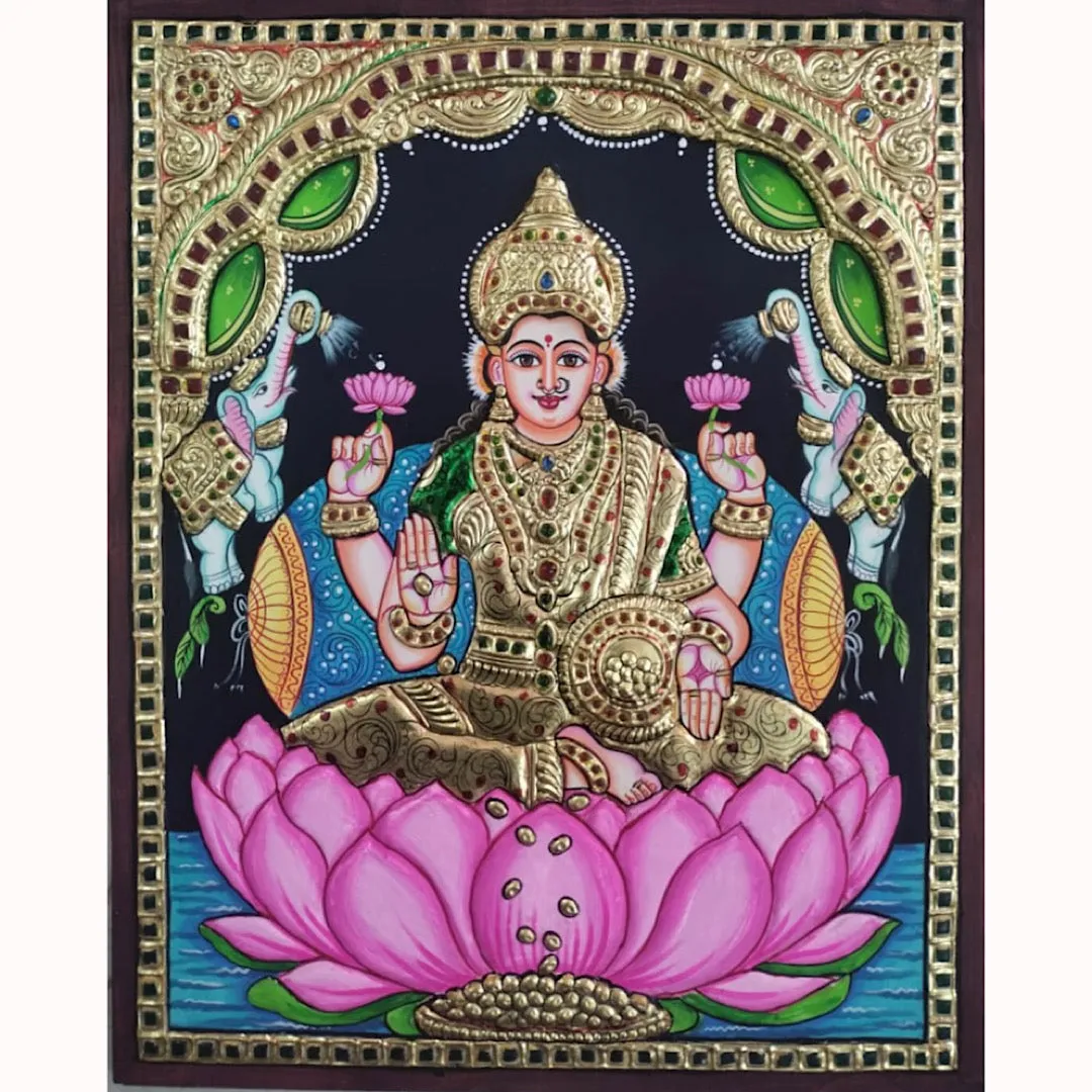 Goddess Laxmi 3D Tanjore Painting - Traditional Wall Art