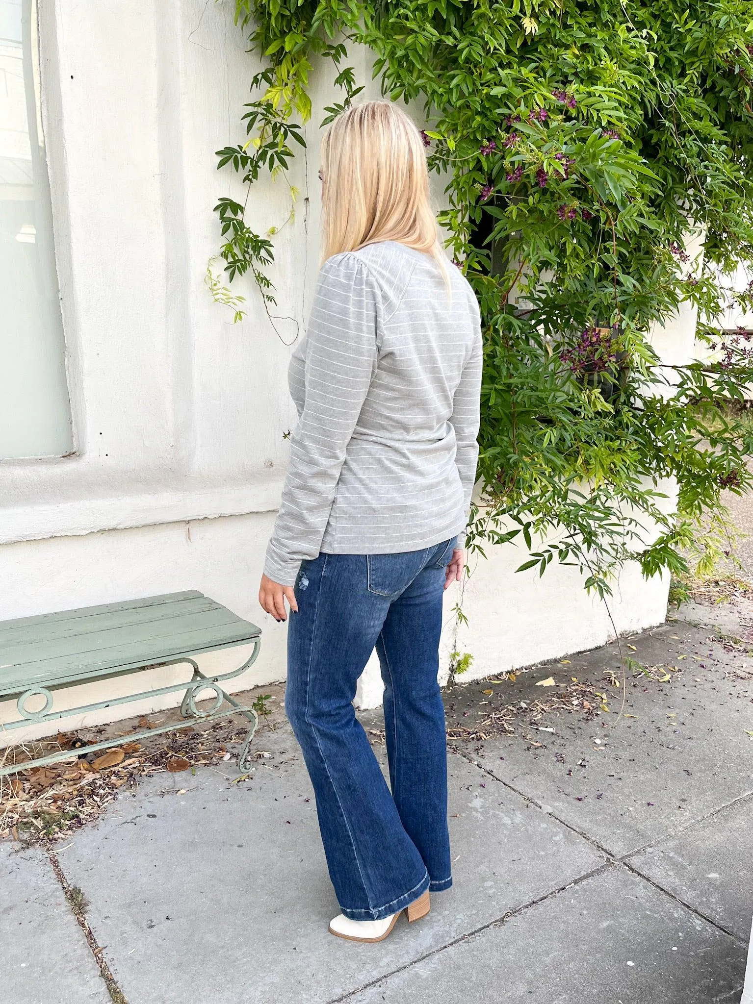 Grey & White Striped Puff Top