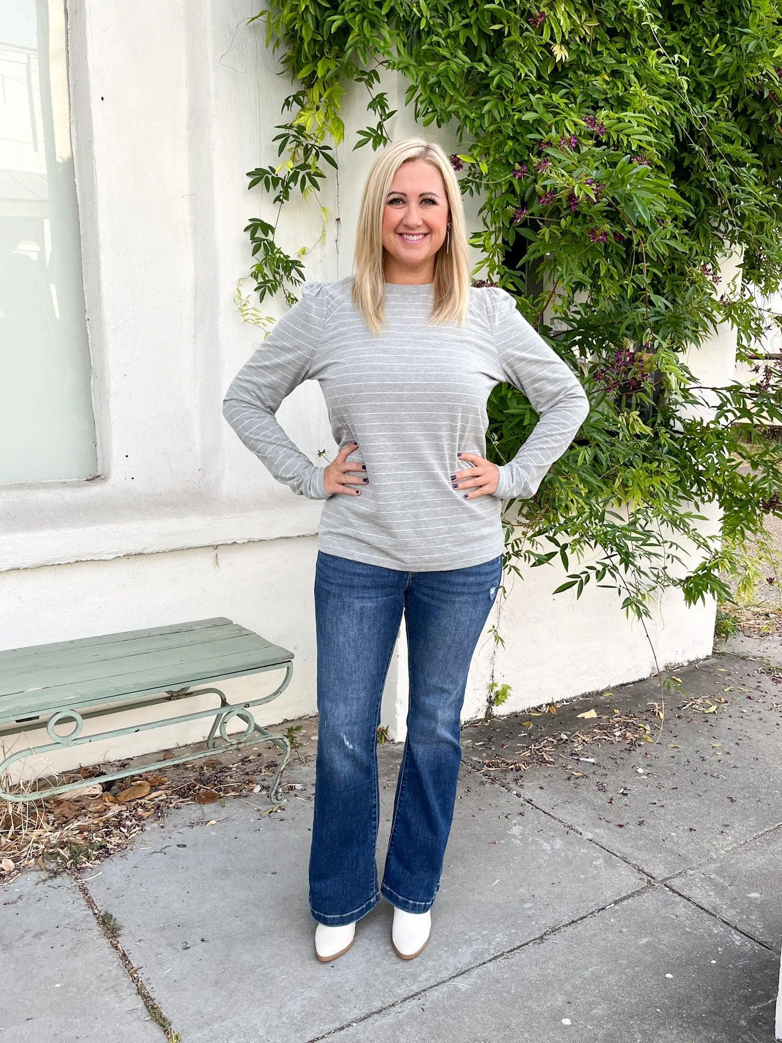 Grey & White Striped Puff Top