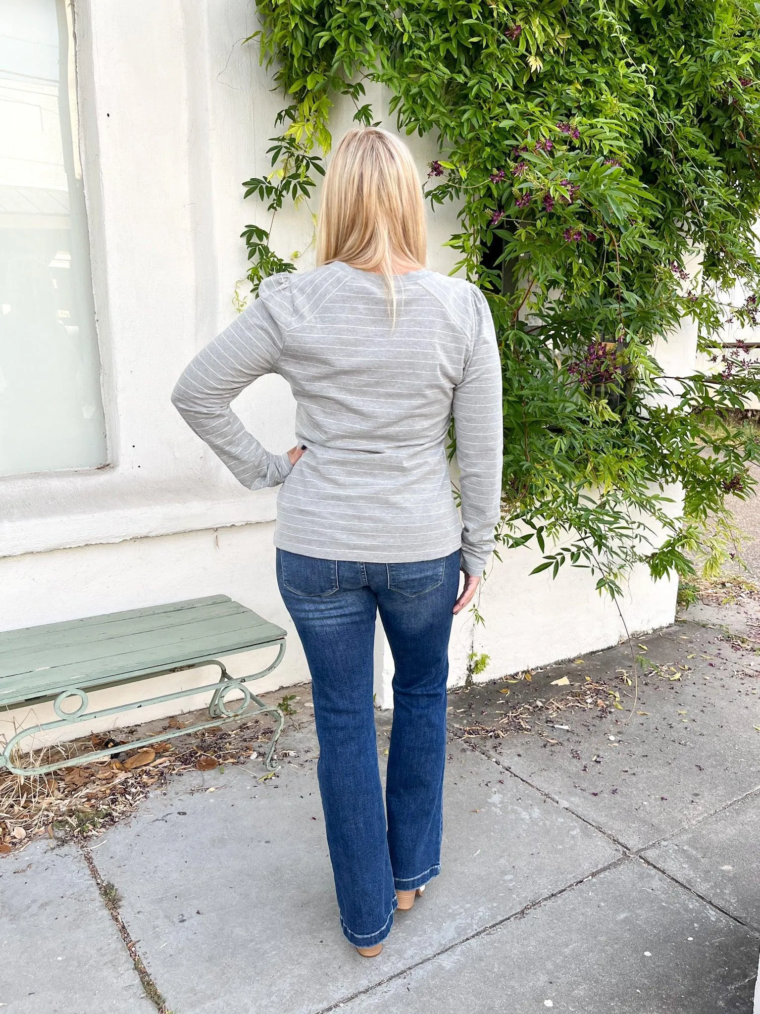 Grey & White Striped Puff Top
