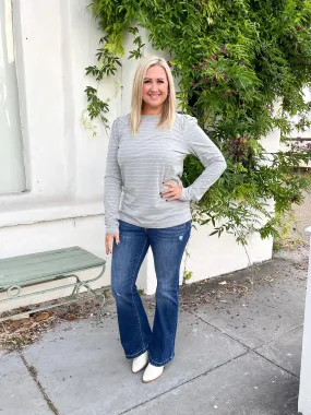 Grey & White Striped Puff Top