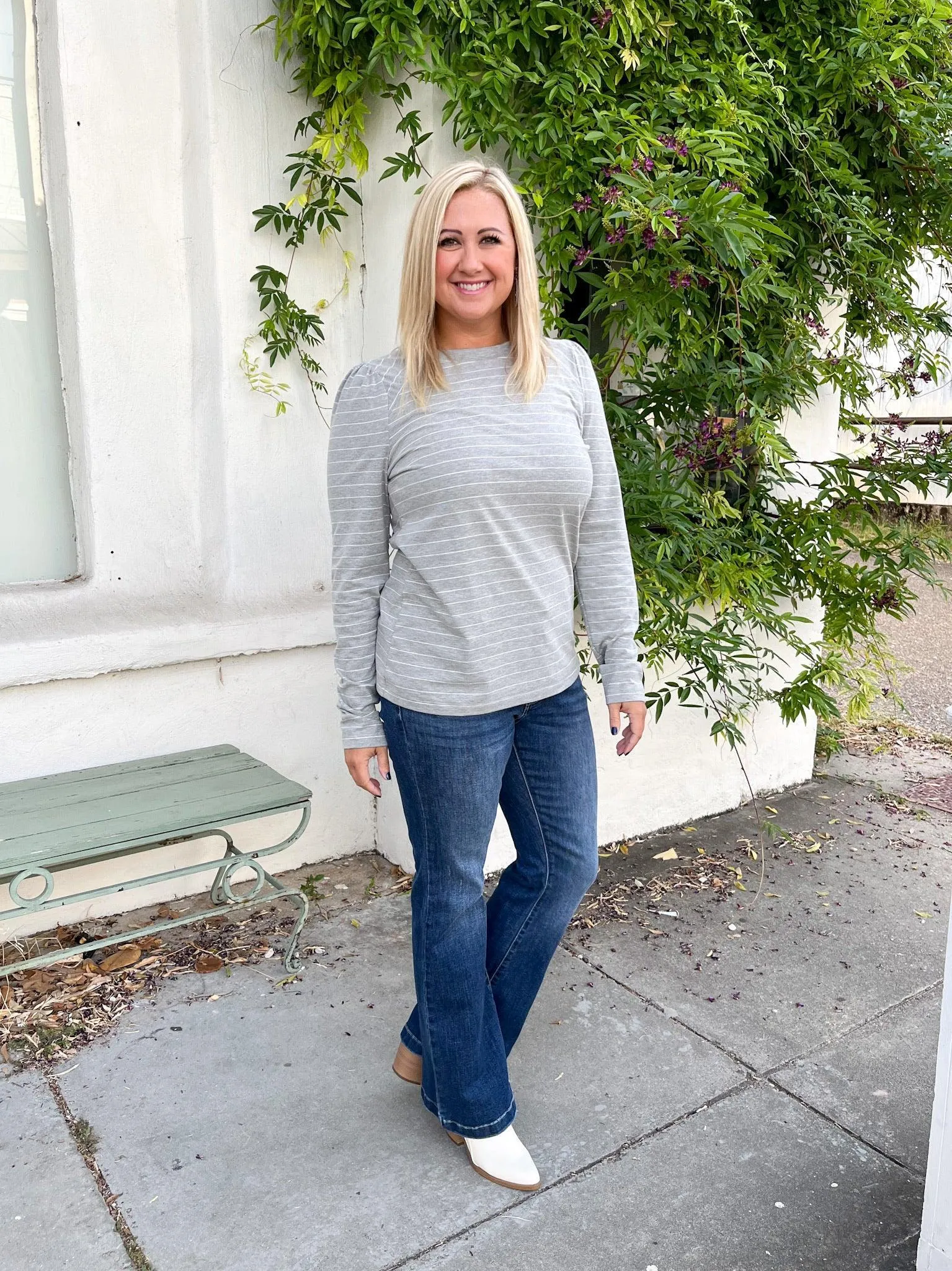 Grey & White Striped Puff Top