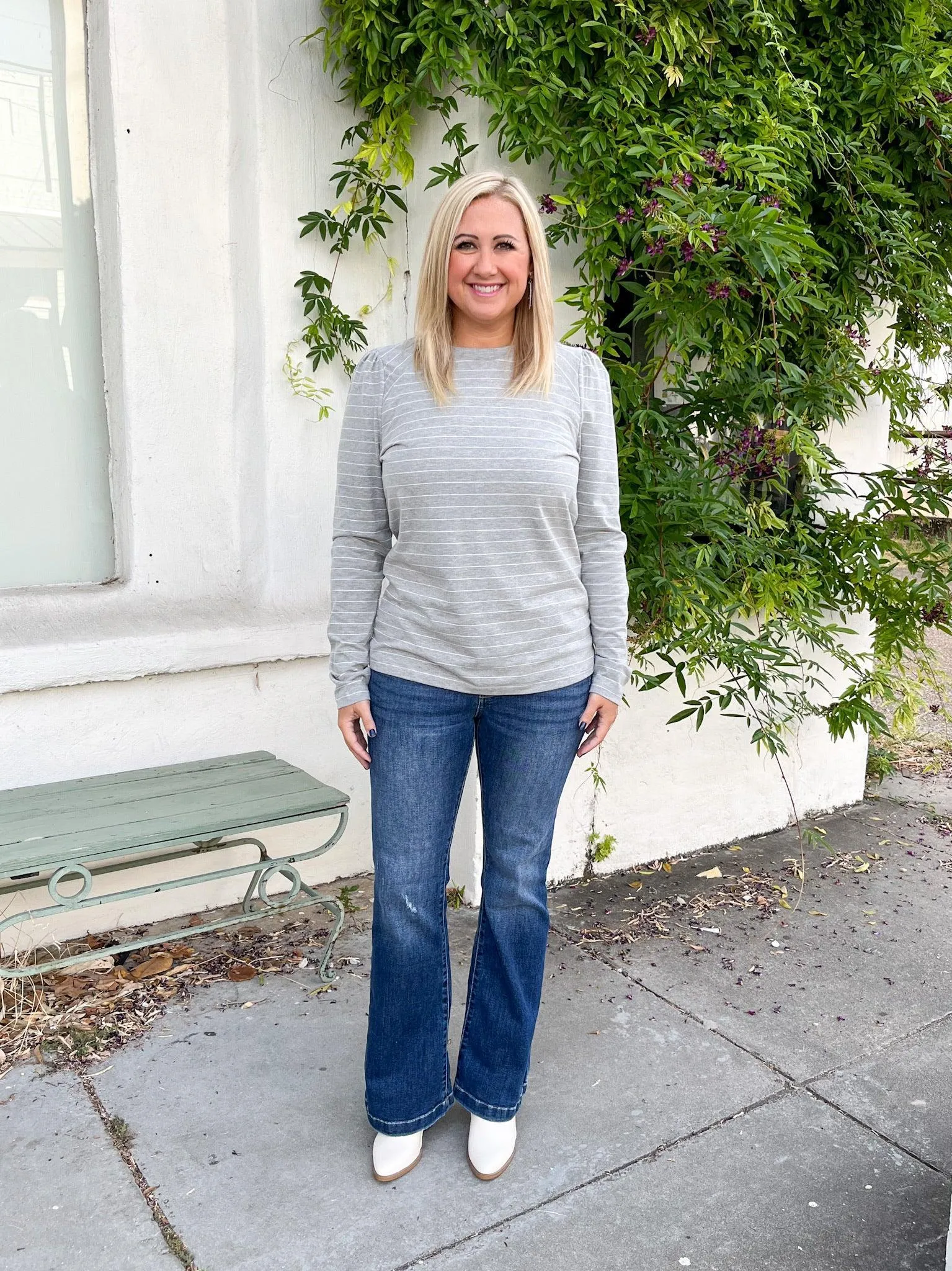 Grey & White Striped Puff Top