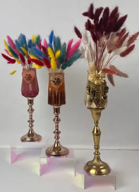Handcrafted Vintage Jeweled Brass Pedestal Vase Decor