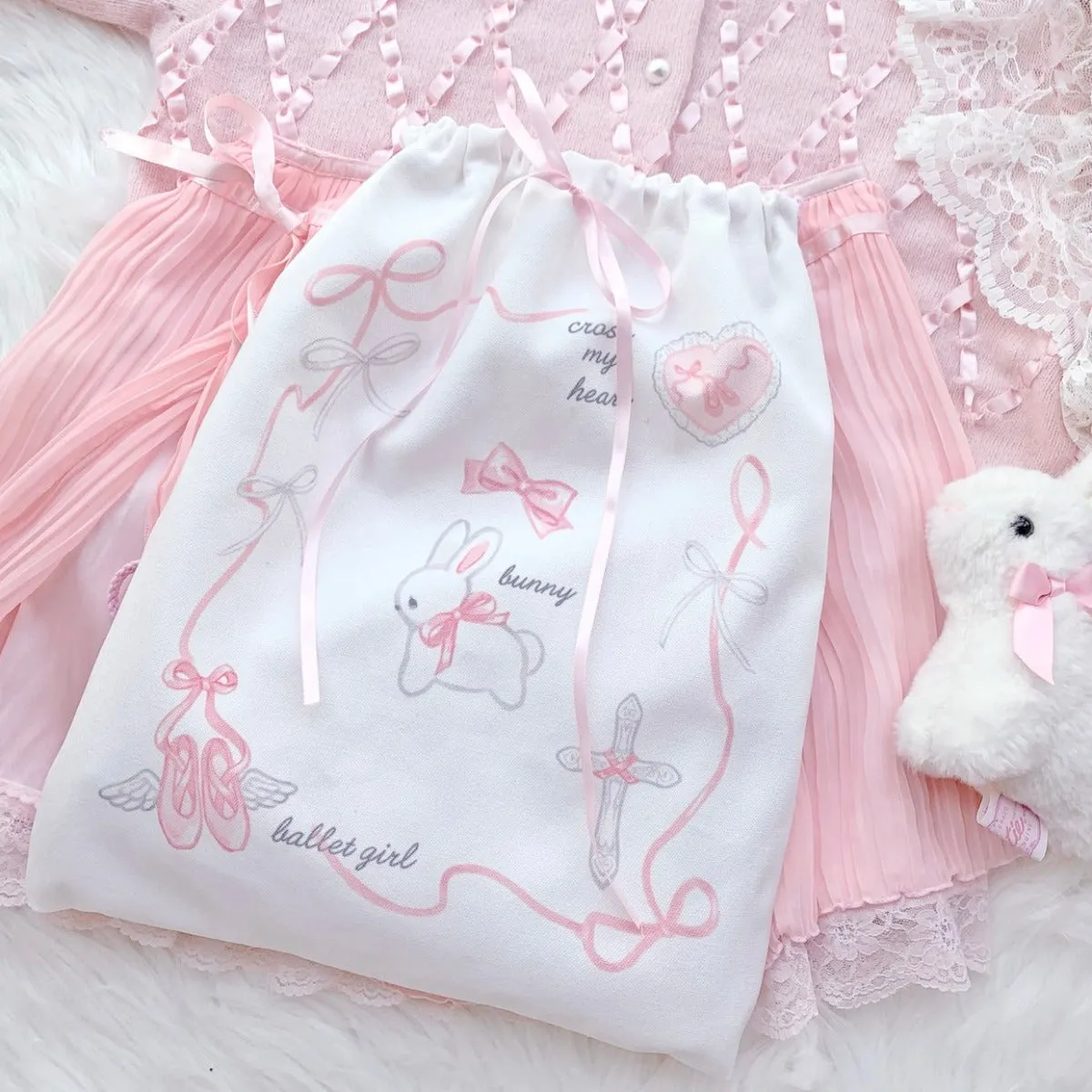 Original Angel Ballet Rabbit Niche Double Shoulder Drawstring Cloth Bag Ballet Style
