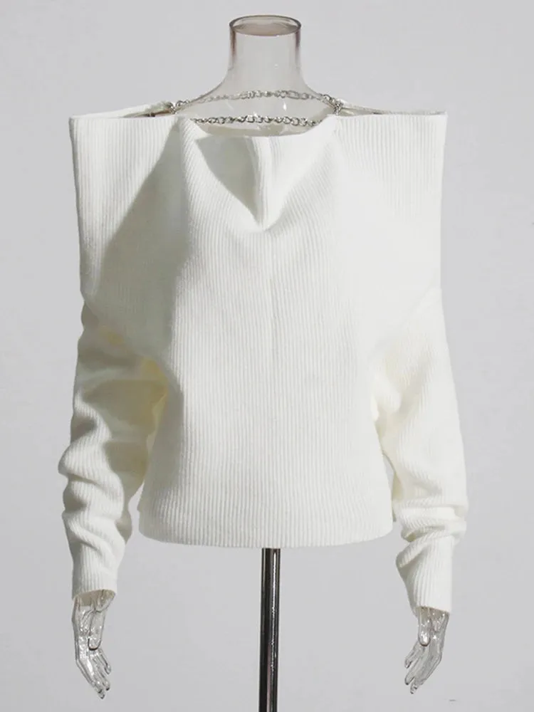 Patchwork Chain Minimalist Loose Knitting Sweaters For Women Irregular Collar Long Sleeve Solid Temperament Sweater Female