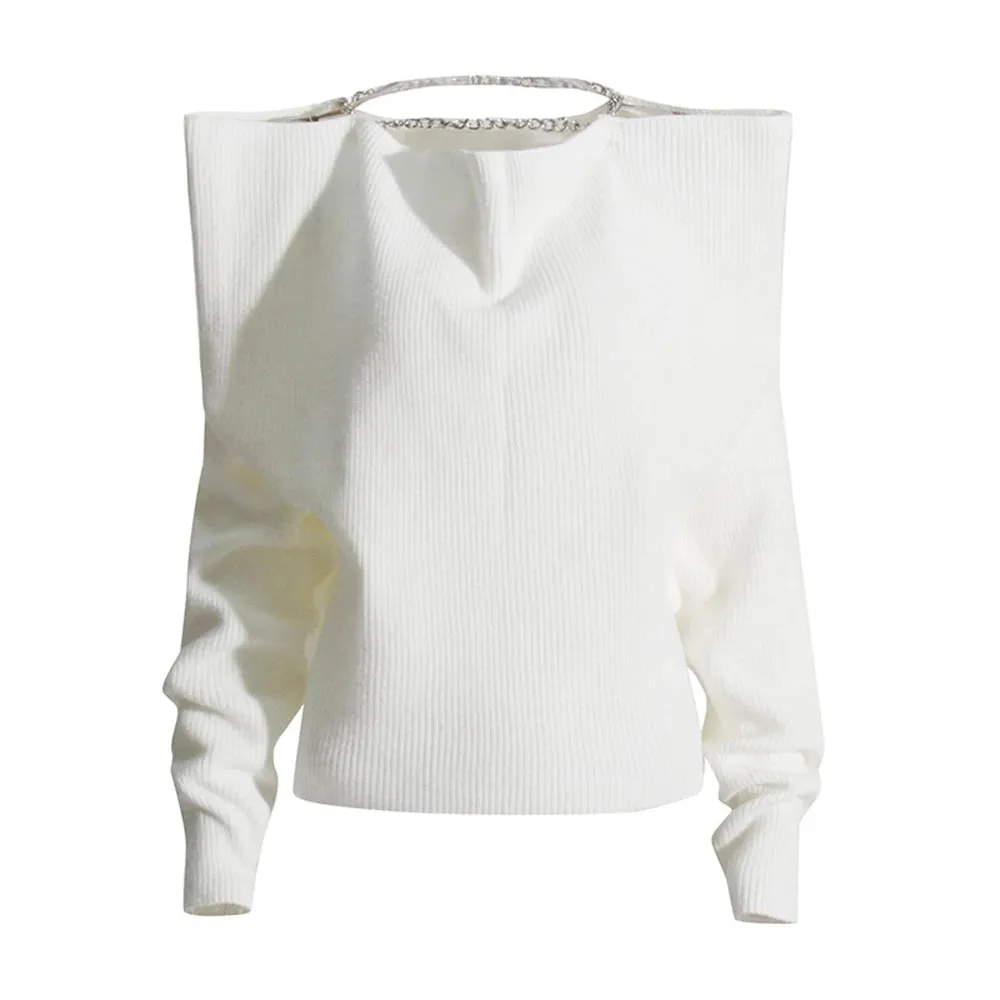 Patchwork Chain Minimalist Loose Knitting Sweaters For Women Irregular Collar Long Sleeve Solid Temperament Sweater Female