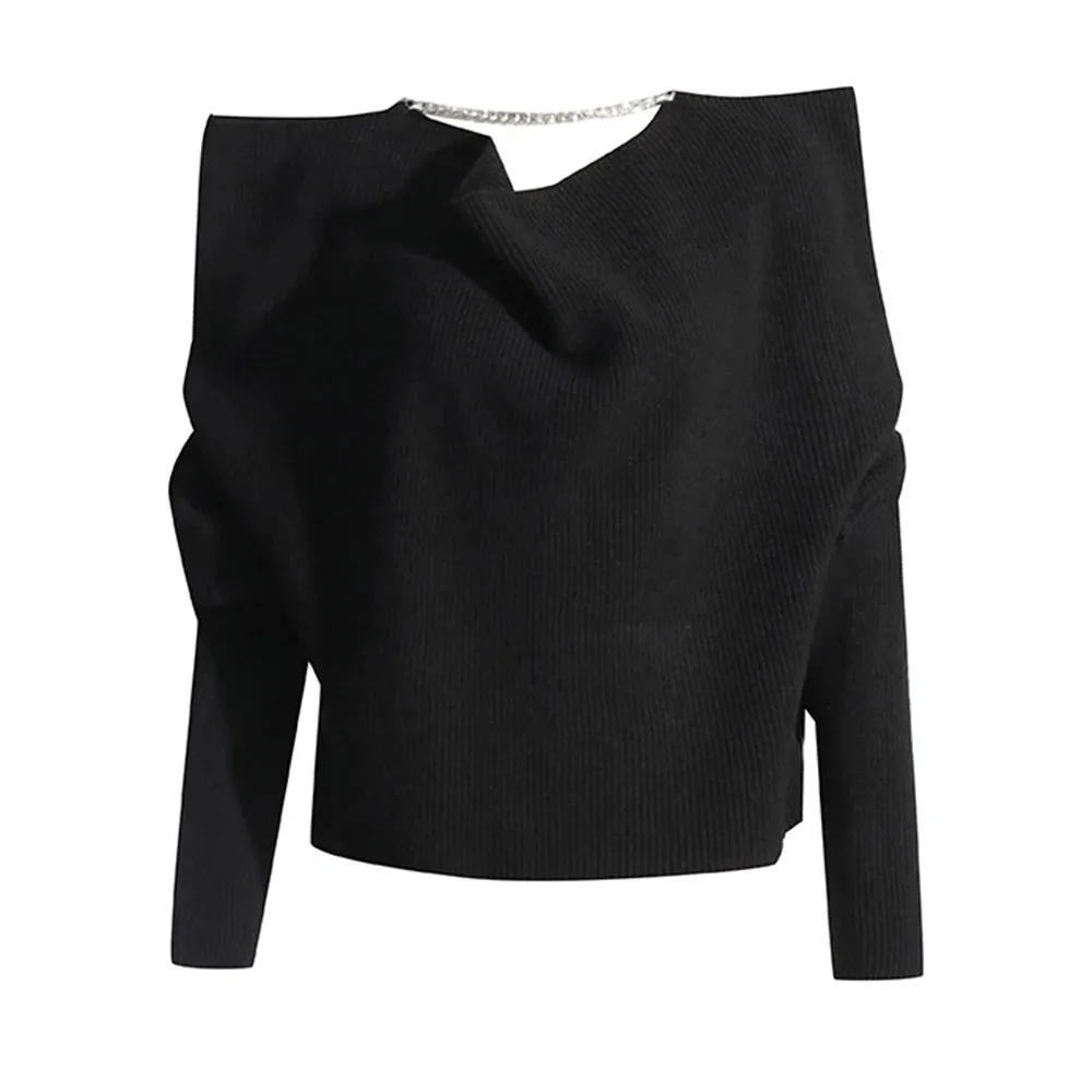 Patchwork Chain Minimalist Loose Knitting Sweaters For Women Irregular Collar Long Sleeve Solid Temperament Sweater Female