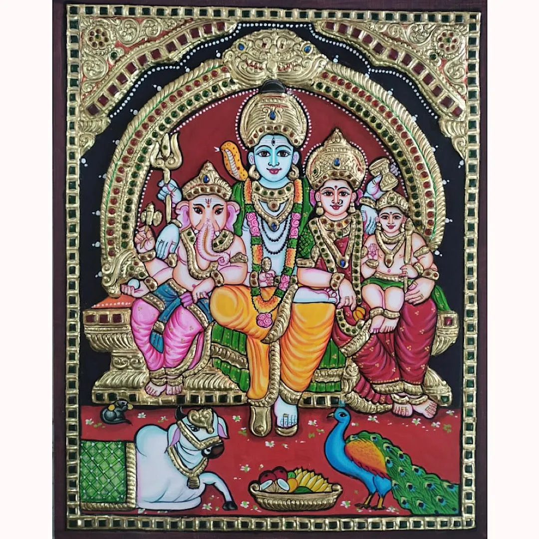 Shiv Parivar 3D Embossing Tanjore Painting - Traditional Wall Art
