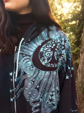 Teal and Steel Sun Tree Organic Cotton Batik Hoodie