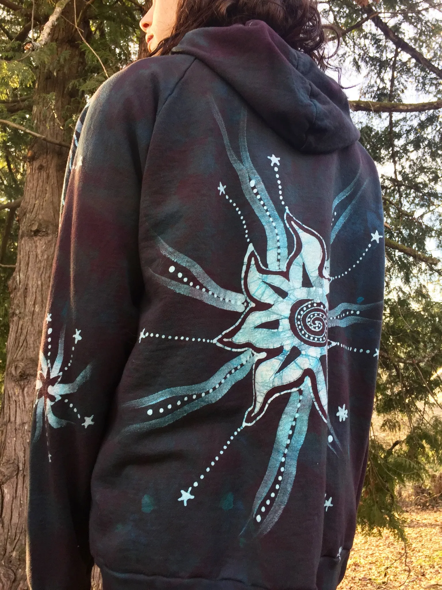 Teal and Steel Sun Tree Organic Cotton Batik Hoodie