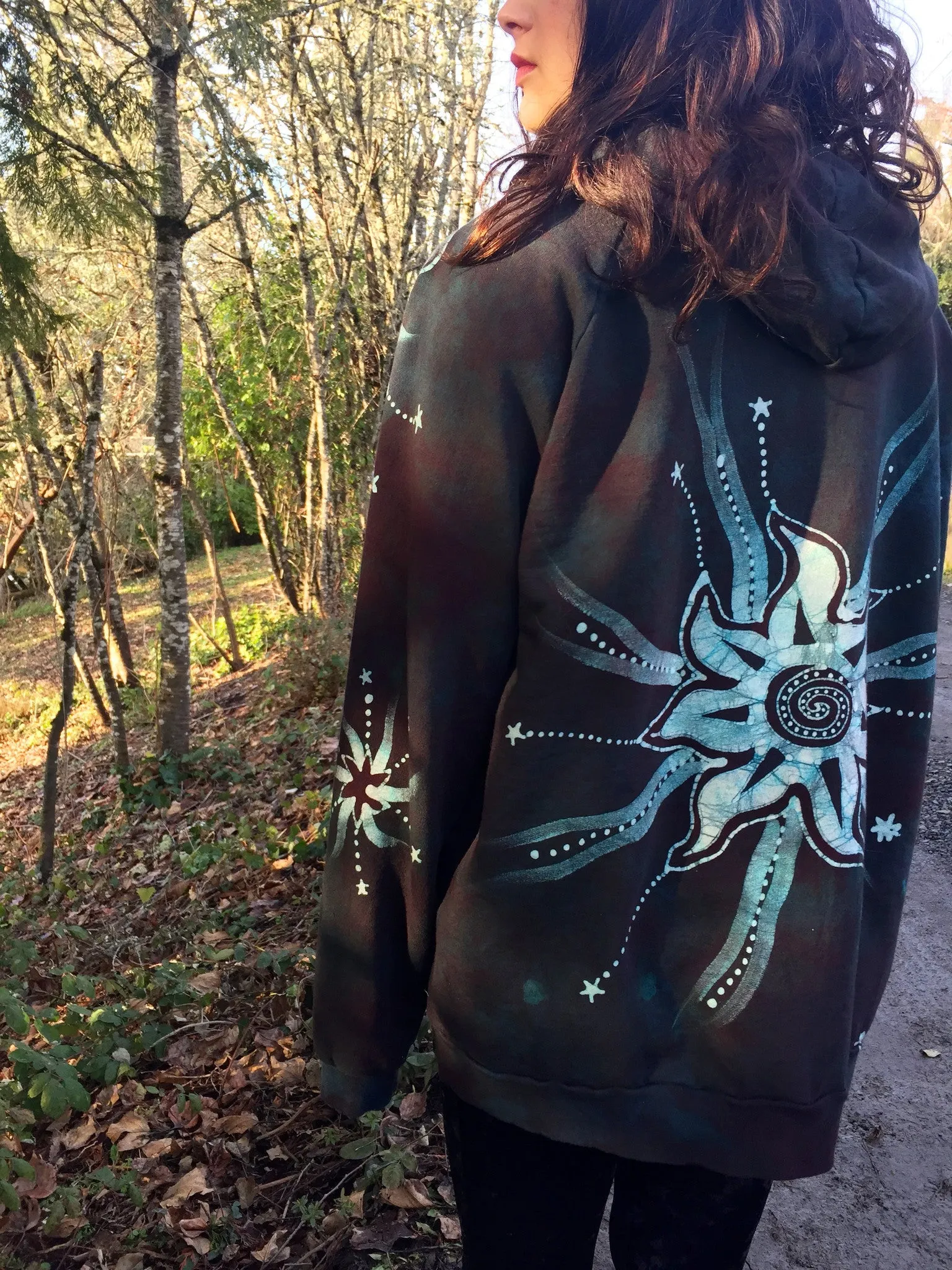 Teal and Steel Sun Tree Organic Cotton Batik Hoodie