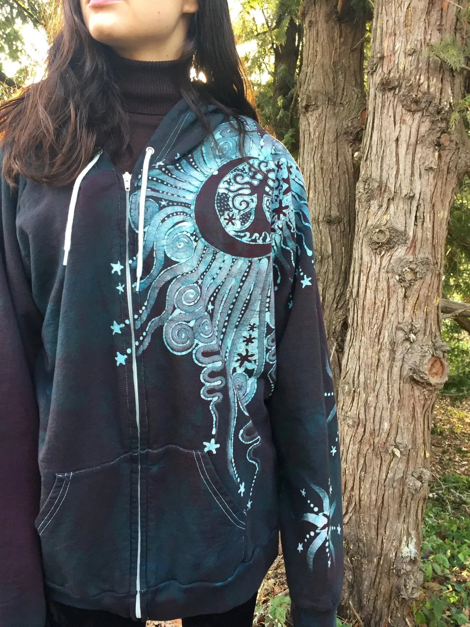Teal and Steel Sun Tree Organic Cotton Batik Hoodie
